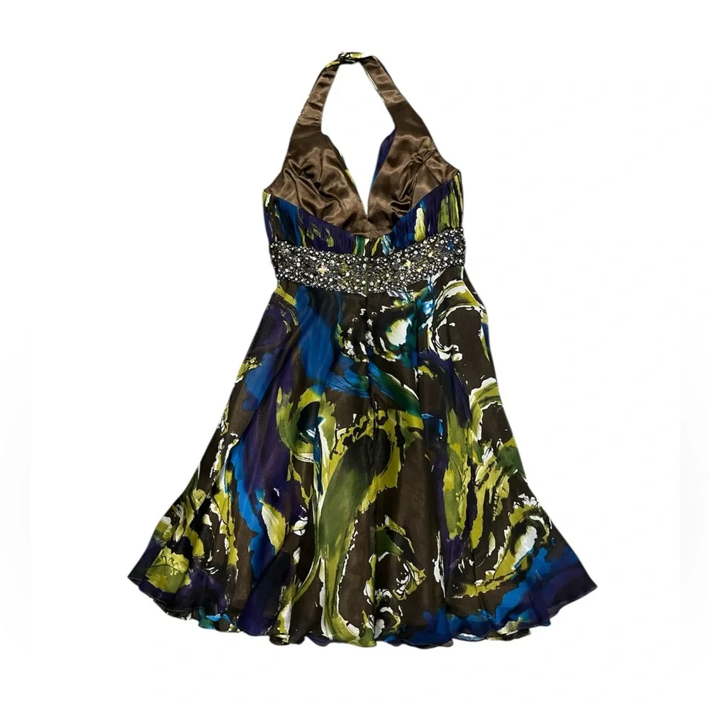 Tony Bowls Evenings Halter Dress Sz 6 Beaded Empire Waist Chiffon Cocktail Dress